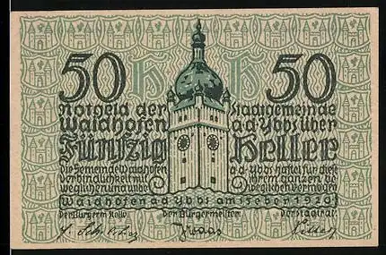 Notgeld Waidhofen an der Ybbs 1920, 50 Heller, Stadtmotiv mit Turm und dekorativem Textumfeld