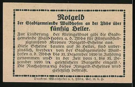 Notgeld Waidhofen an der Ybbs 1920, 50 Heller, Stadtmotiv mit Turm und dekorativem Textumfeld