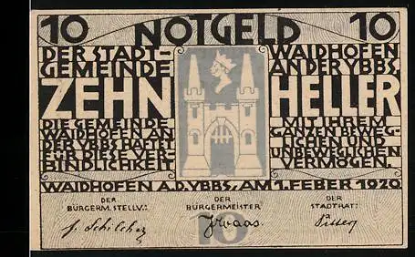 Notgeld Waidhofen an der Ybbs 1920, 10 Heller, Stadttor und Stadtwappen