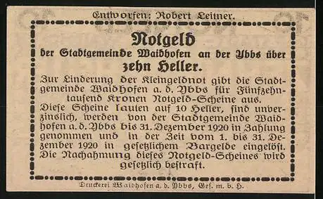 Notgeld Waidhofen an der Ybbs 1920, 10 Heller, Stadttor und Stadtwappen