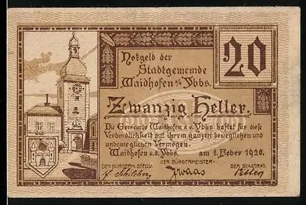 Notgeld Waidhofen an der Ybbs 1920, 20 Heller, Stadtturm und Text über Ausgabe und Einlösung