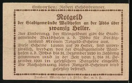 Notgeld Waidhofen an der Ybbs 1920, 20 Heller, Stadtturm und Text über Ausgabe und Einlösung