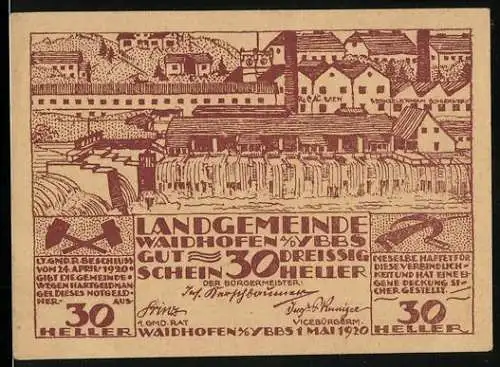 Notgeld Waidhofen an der Ybbs 1920, 30 Heller, Stadtansicht mit Fluss und Gebäuden