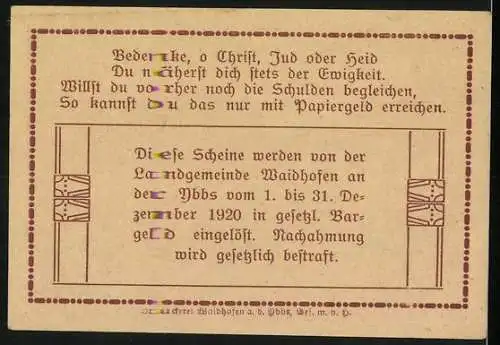 Notgeld Waidhofen an der Ybbs 1920, 30 Heller, Stadtansicht mit Fluss und Gebäuden