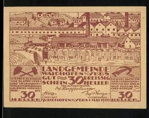 Notgeld Waidhofen an der Ybbs 1920, 30 Heller, Stadtansicht mit Fluss und Gebäuden