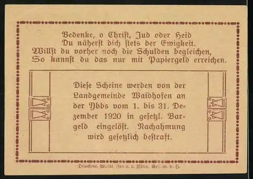 Notgeld Waidhofen an der Ybbs 1920, 30 Heller, Stadtansicht mit Fluss und Gebäuden