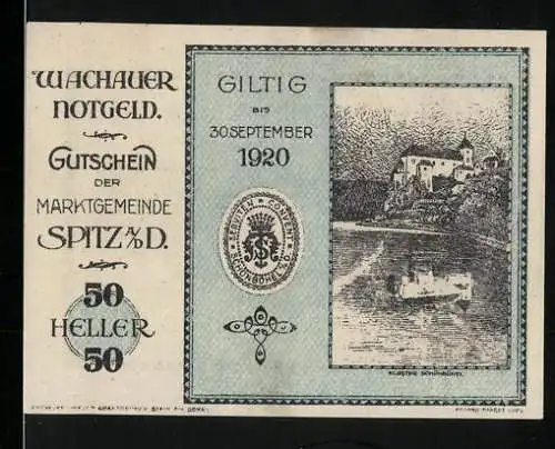 Notgeld Spitz an der Donau 1920, 50 Heller, Kloster Schönbühel, Wappen und Gültigkeitsdatum