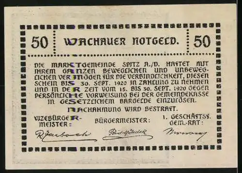 Notgeld Spitz an der Donau 1920, 50 Heller, Kloster Schönbühel, Wappen und Gültigkeitsdatum