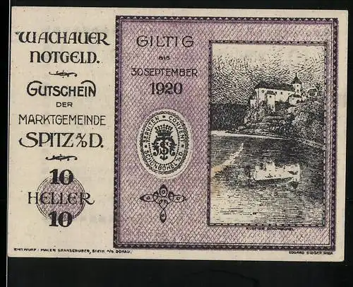 Notgeld Spitz an der Donau 1920, 10 Heller, Burg und Flusslandschaft, Wappen