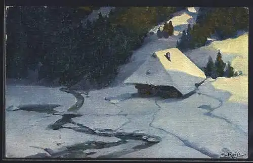 Künstler-AK Fritz Reiss: Haus mit Bäumen in winterlicher Landschaft