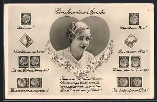 AK Briefmarkensprache, Junge Dame mit Herz-Motiv