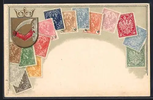 AK Briefmarken und Wappen, Krone, Ritter mit Schwert