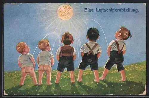 AK Eine Luftschifferabteilung, Jungen pinkeln der Sonne entgegen, Toilettenhumor, Zeppelin