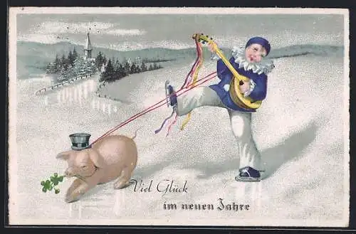 Lithographie Viel Glück zum neuen Jahre, Kleiner Harlekin und Schlittschuhen und Schwein