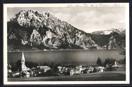 AK Altmünster am Traunsee, Ortsansicht mit Traunstein aus der Vogelschau