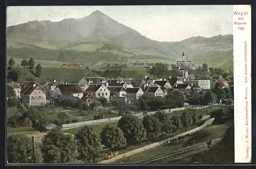 AK Weyer, Totalansicht mit Bahnschienen, Strasse und Rapoldegg aus der Vogelschau