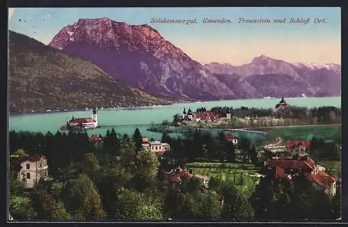 AK Gmunden /Salzkammergut, Ortsansicht mit Traunstein u. Schloss Ort