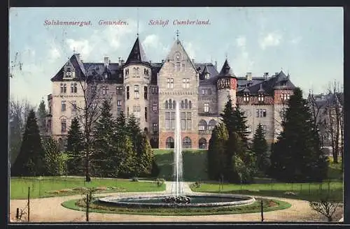 AK Gmunden, Schloss Cumberland mit Gartenanlage und Sprudel