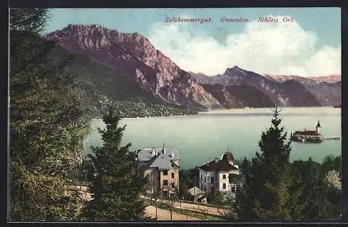 AK Gmunden, Blick auf Schloss und Ort