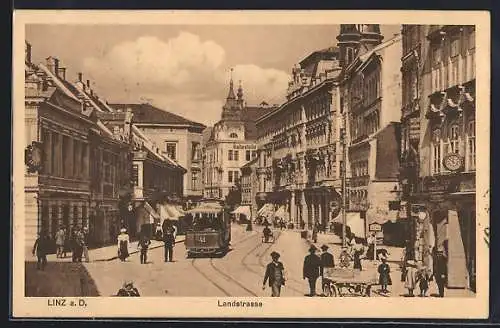 AK Linz a. D., Strassenbahn in der Landstrasse