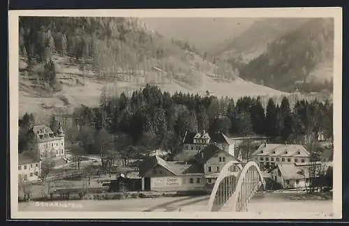 AK Scharnstein, Ortsansicht mit Brücke und Bier-Depot Brauerei Eggenberg