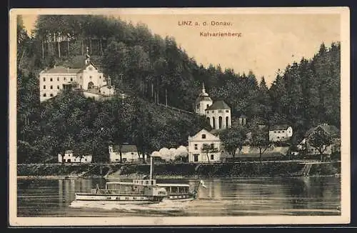 AK Linz a. d. Donau, Kalvarienberg vom Wasser aus gesehen, Dampfer