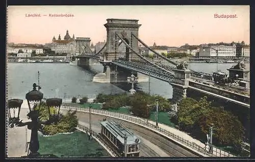 AK Budapest, Strassenbahn bei der Kettenbrücke