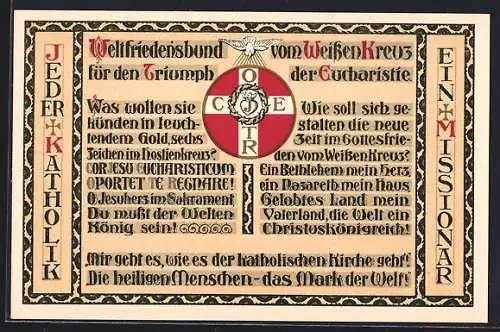 AK Weltfriedensbund vom Weissen Kreuz für den Triumph der Eucharistie, Missionskarte