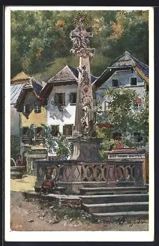 Künstler-AK Brüder Kohn (B.K.W.I) Nr.: E.F. Hofecker: Hallstatt, Marktplatz mit Denkmal