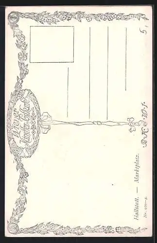 Künstler-AK Brüder Kohn (B.K.W.I) Nr.: E.F. Hofecker: Hallstatt, Marktplatz mit Denkmal