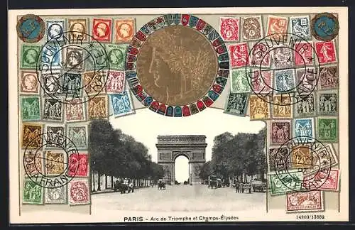 AK Paris, L`Arc de Triomphe, Triumphbogen, frz. Briefmarken und Medaille, Golddruck