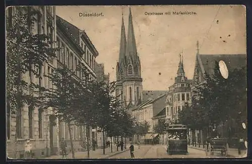 AK Düsseldorf, Oststrasse mit Marienkirche & Strassenbahn