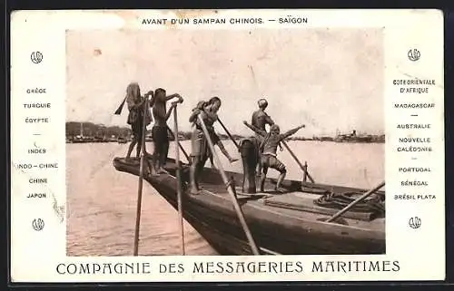 AK Saigon, Avant d`un Sampan Chinois, Reklame der Compagnie des Messageries Maritimes