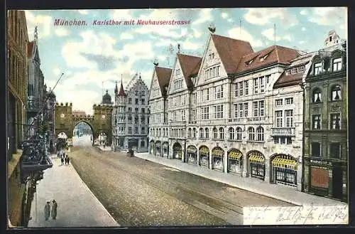 AK München-Au, Kaufhaus Oberpollingger GmbH in der Neuhauser Strasse, Blick zum Karlsthor