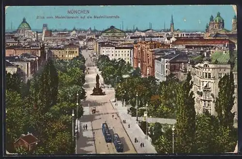 AK München, Blick vom Maximilianeum auf die Maximilianstrasse mit Strassenbahn