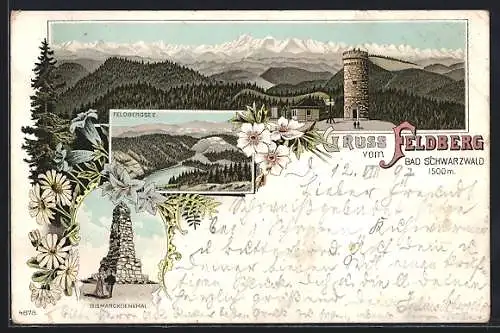 Lithographie Feldberg / Schwarzwald, Feldbergsee und Bismarckdenkmal