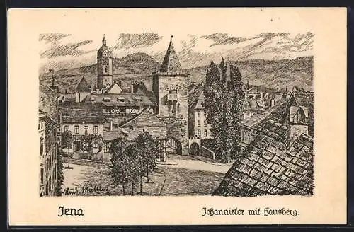 Künstler-AK Jena, Johannistor mit Hausberg