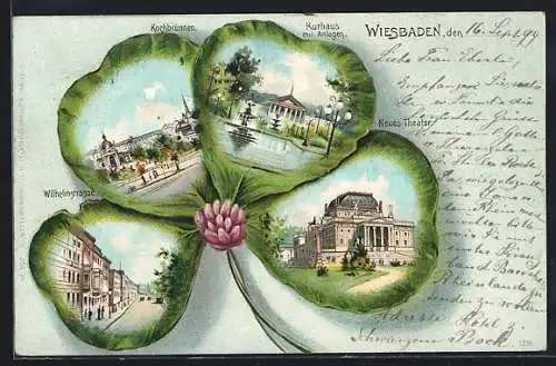 Passepartout-Lithographie Wiesbaden, Wilhelmstrasse, Kochbrunnen, Kurhaus mit Anlagen, Neues Theater, Kleeblatt