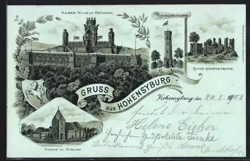 Lithographie Hohensyburg, Ruine, Kirche, Kaiser Wilhelm-Denkmal und Kirche zu Syburg