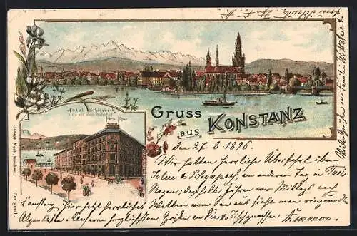 Lithographie Konstanz / Bodensee, Hotel Schönebeck und Ortspanorama