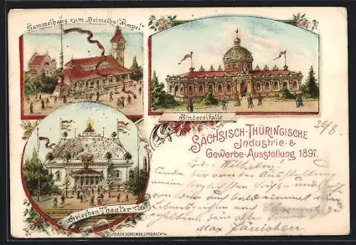 Lithographie Leipzig, Sächsisch-Thüringische Industrie- & Gewerbeausstellung 1897, Bindereihalle, Griechen-Theater