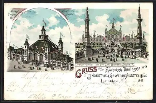 Lithographie Leipzig, Sächsisch-Thüringische Industrie & Gewerbe-Ausstellung 1897, Haupteingang der Ausstellung