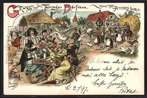 Künstler-AK Arthur Thiele: Leipzig, Gruss aus dem Thüringer Dörfchen, Sächs. Thür. Ausstellung 1897