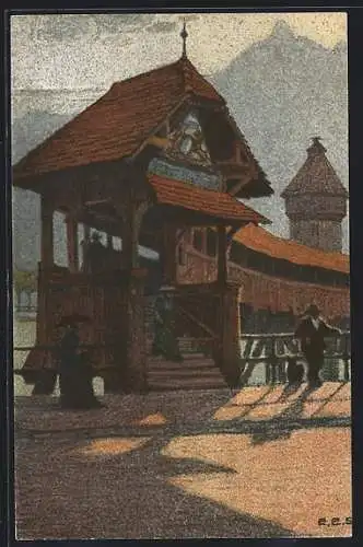 Künstler-AK Ernst E. Schlatter: Luzern, Kapellbrücke gegen den Pilatus