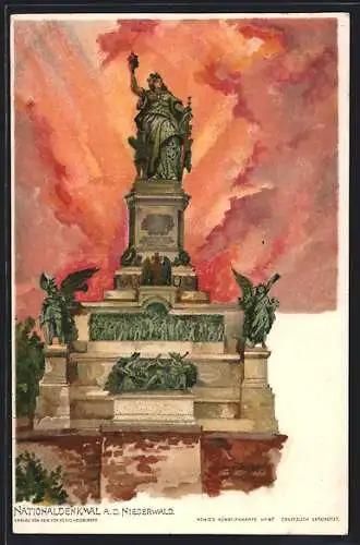 Künstler-Lithographie C. Pfaff: Blick auf das Nationaldenkmal a.d. Niederwald