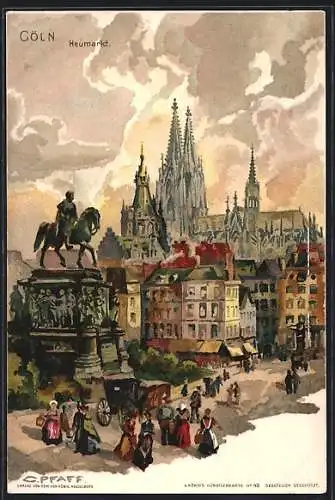 Künstler-Lithographie C. Pfaff: Köln, Heumarkt mit Reiterstandbild