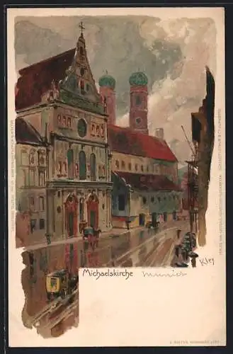 Künstler-AK Heinrich Kley: München, Kutsche vor der Michaelskirche