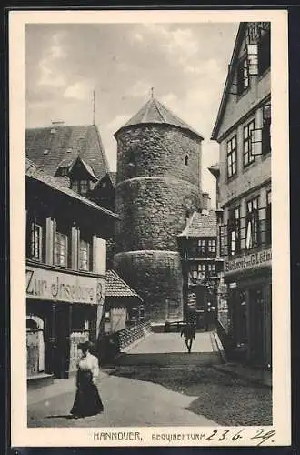 AK Hannover, Blick auf den Beguinenturm, Bäckerei von G. Löding