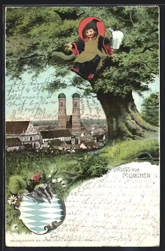 AK München, Münchner Kindl sitzt in einem Baum, Wappen, Blick zum Ort mit Frauenkirche