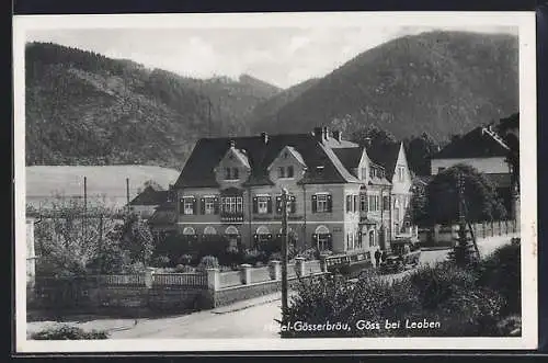 AK Göss bei Leoben, Hotel Gösserbräu und Strassenpartie